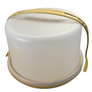 Round Tupperware 684-5 Plastic Cake Carrier, Harvest Gold Yellow Handle, Vintage